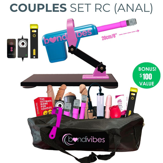 Happy couple exploring intimacy and connection with sex machines - adventure and partner satisfaction