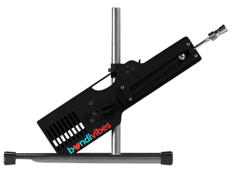 sex machine device with a cylindrical attachment on a white background, featuring the 'bondiVibes' brand.
