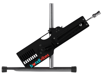 sex machine device with a cylindrical attachment on a white background, featuring the 'bondiVibes' brand.