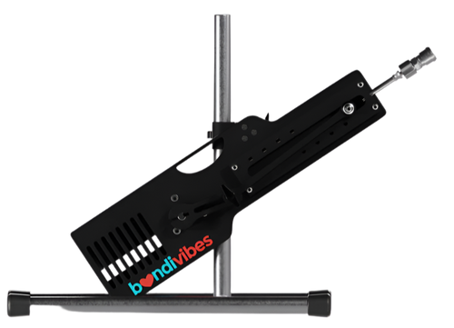sex machine device with a cylindrical attachment on a white background, featuring the 'bondiVibes' brand.
