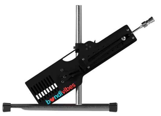 sex machine device with a cylindrical attachment on a white background, featuring the 'bondiVibes' brand.